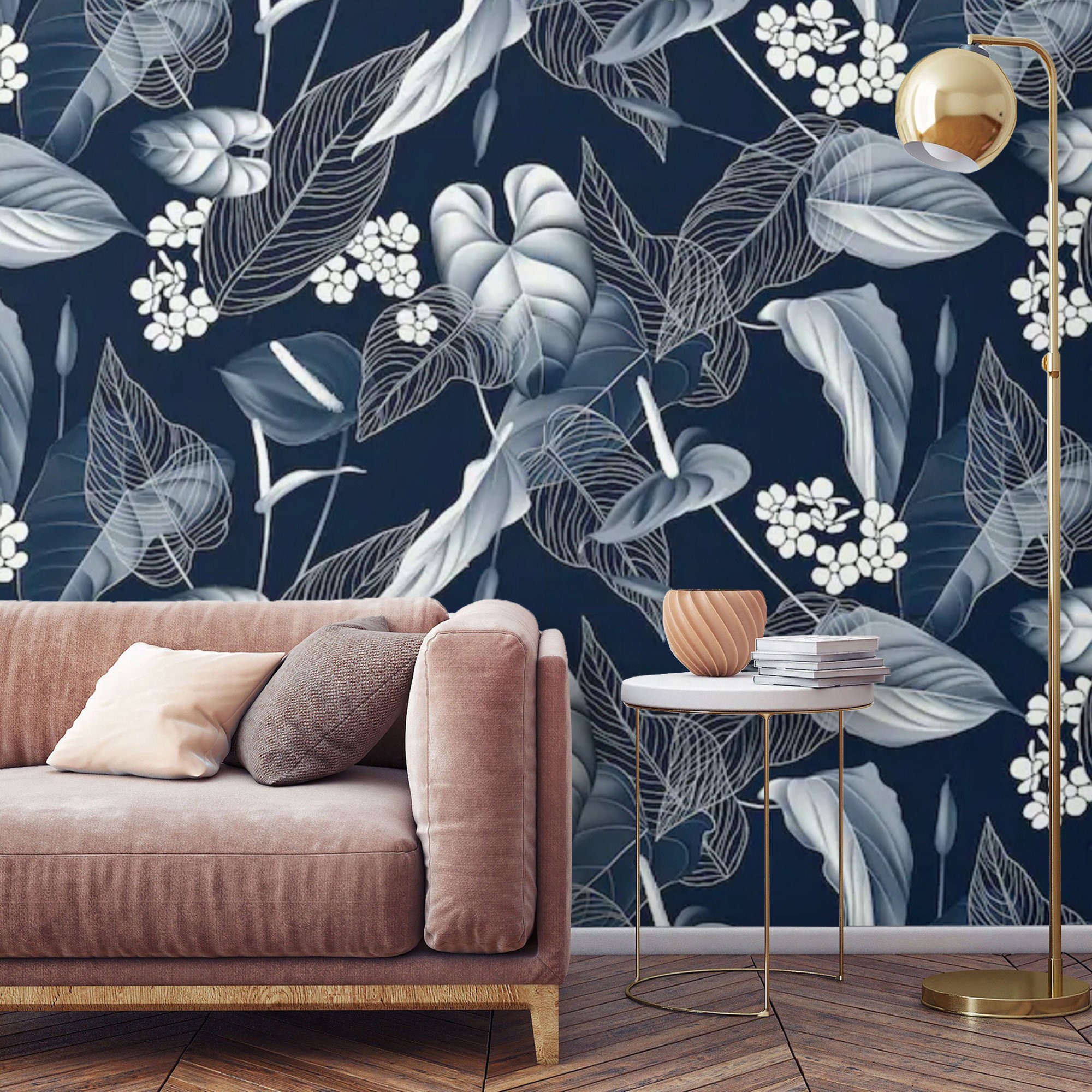Floral Wallpaper Dark Navy Blue White Peel and Stick Wall