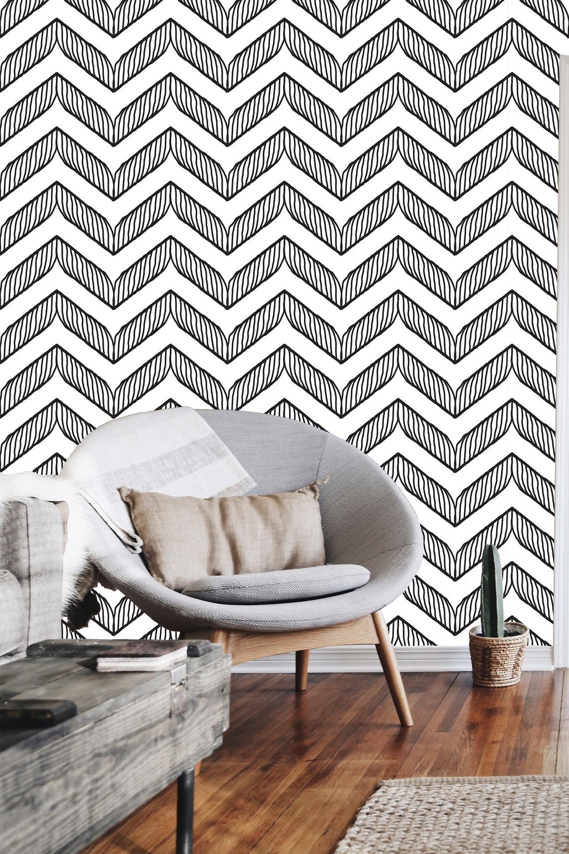 Herringbone Wallpaper Self Adhesive Minimalist Black White Etsy