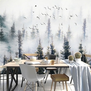 Foggy forest wallpaper mural Peel and stick removable or Traditional textured nature landscape mural