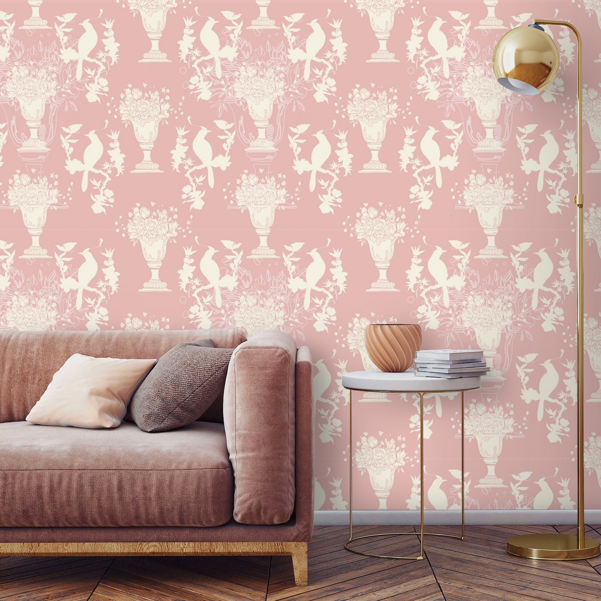 Pink Chinoiserie Wallpaper with birds Vintage Floral Wall Etsy