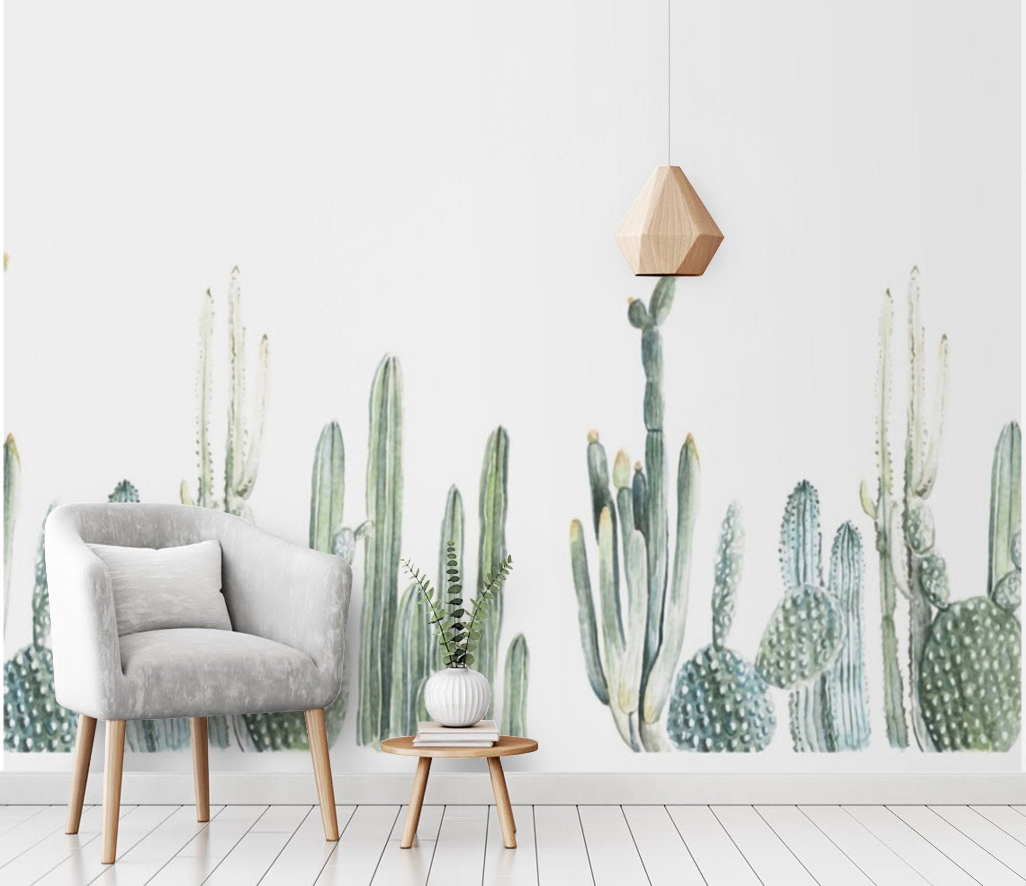 Peel and Stick Wallpaper Mural Watercolor Cactus Self Adhesive Etsy