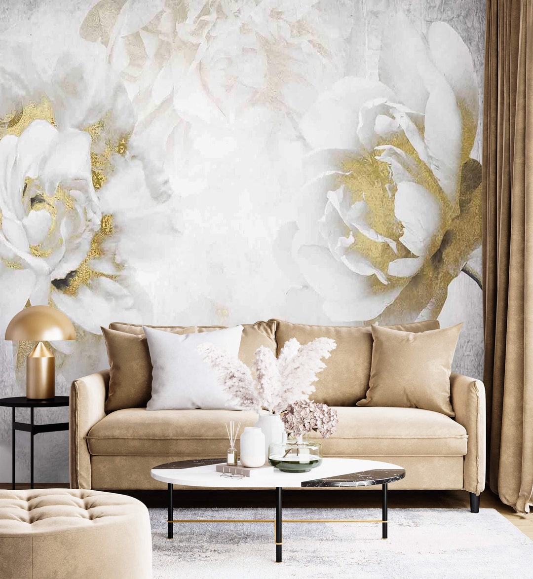 Floral Luxury Wallpaper Mural Large Peonies White Gold Non Metallic ...