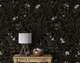Deep forest green wallpaper magical botancal design dark academia Peel and stick removable or Traditional wallpaper