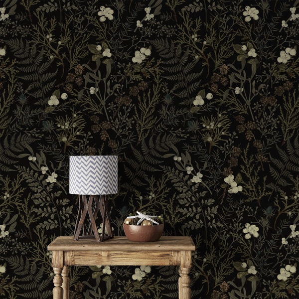 Deep forest green wallpaper magical botancal design dark academia Peel and stick removable or Traditional wallpaper