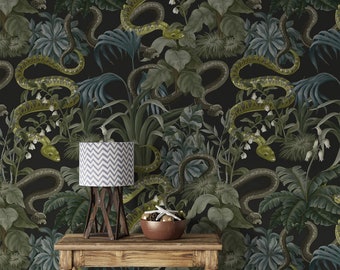 Dark botanical wallpaper snakes Secret garden leaves and herbs Peel and stick removable or Traditional wallpaper