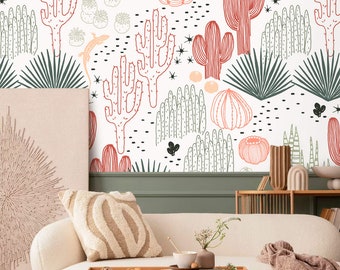 Boho cactus wallpaper Desert plants Peel and stick removable or Traditional wallpaper