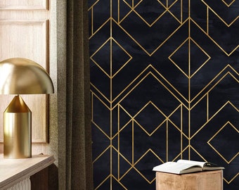 Art deco luxury dark wallpaper black gold non metallic Peel and stick removable or Traditional accent wallpaper