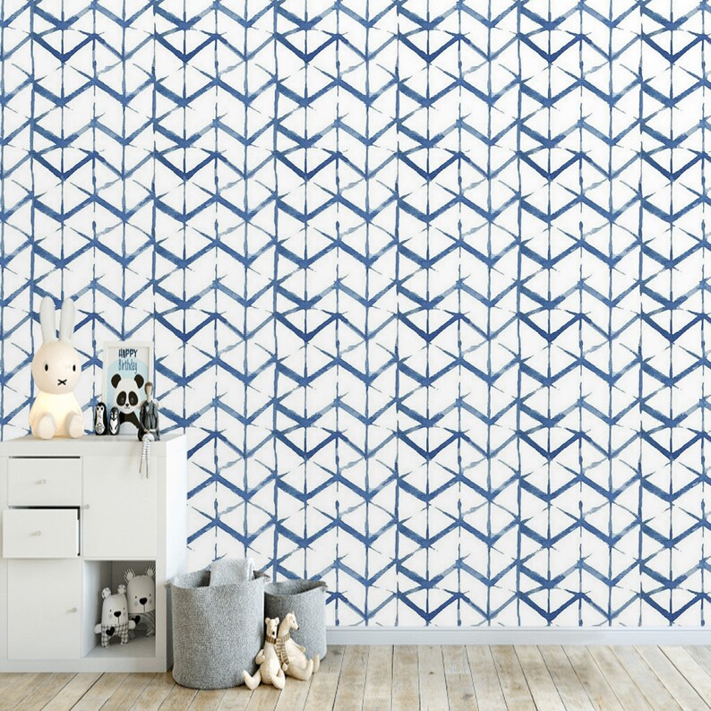 Wallpaper Blue Herringbone Watercolor Abstract Geometric Peel Etsy