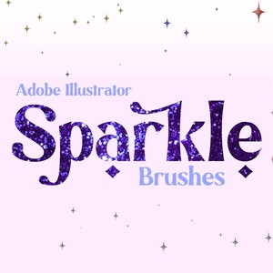 May include: A digital graphic featuring the text "Adobe Illustrator Sparkle Brushes" in purple glitter on a pale pink background. Small star shapes in various colours are scattered around the text.