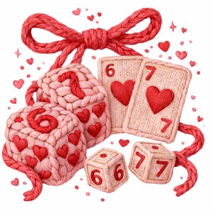 Peut inclure: Illustration sur le thème de la Saint-Valentin avec des dés, des cartes à jouer et un nœud en tricot. Les dés affichent les chiffres 1, 6 et 7, et les cartes à jouer montrent des cœurs. La palette de couleurs comprend des nuances de rose et de rouge.