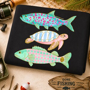 Preppy Coastal Clipart PNG Sublimation Design, Teal Pink Cheetah Plaid Sea Turtle Fish Gingham Pattern, Gold Glitter Beach sublimation print