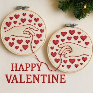Peut inclure: Deux cerceaux de broderie avec des cœurs rouges et des mains tendant un fil rouge. Les mots "HAPPY VALENTINE" sont brodés en rouge en dessous. Fond crème.