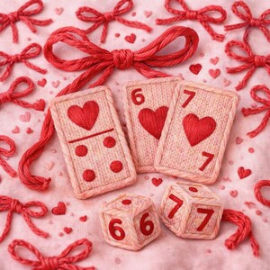 Peut inclure: Ensemble d'objets faits à la main, dont des cartes à jouer, des dominos et des dés, tous ornés d'un motif de cœur. Les cartes et les dominos sont brodés de cœurs et de chiffres rouges. Des nœuds rouges et des cœurs parsèment le fond rose.