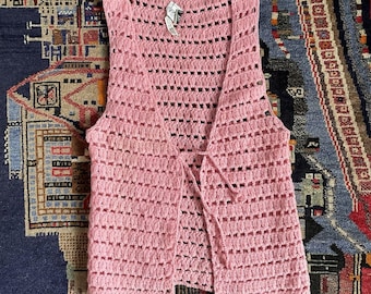 Chaleco de lana vintage de los años 70, tejido a crochet, estilo hippie, estilo bohemio, estilo cottagecore, talla pequeña y mediana.