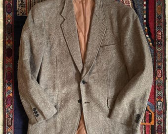 Vintage 80s Huntington Brown Herringbone Tweed 3 Roll 2 Sack Sport