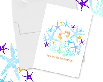 Custom Blank Greeting Card | Sea Horse Sea Star Ocean Watercolor | Thank you, birthday, wedding, graduation