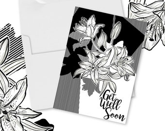 Custom Blank Greeting Card | Black and White Stargazer Watercolor Floral Bouquet | Thank you, birthday, wedding, graduation