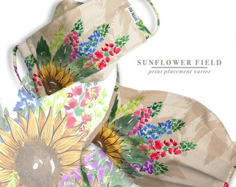 Masque de visage en tissu réutilisable avec poche de filtre double couche et fil de nez | Floral, Champ de tournesol