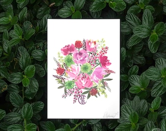 Pink Peony Watercolor Floral Bouquet Wall Art