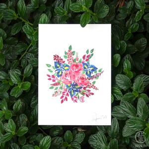 Bloom Iris and Pink Peony Watercolor Floral Bouquet Wall Art
