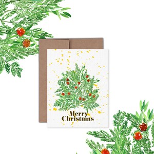 cartão vazio feito sob encomenda | Pinheiro com aquarela de respingo de tinta | Feliz Natal