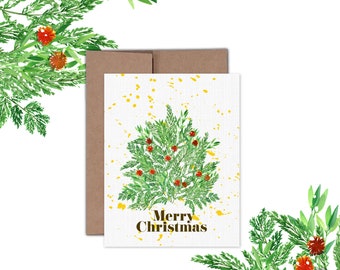 Custom Blank Greeting Card | Pine Tree with Paint Splash Watercolor | Merry Christmas