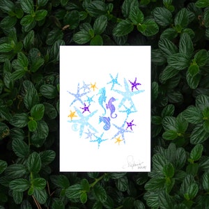 Sea Horse Sea Star Watercolor Room Decor Art Print | Blue