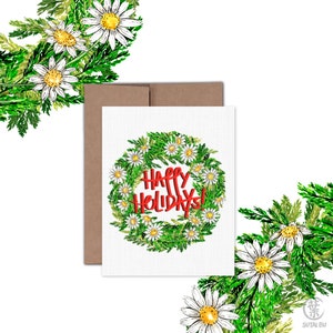 carte de vœux vierge personnalisée | Daisy Chamomile Fern Wreath Aquarelle | Joyeuses Fêtes