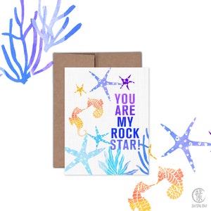 Individuelle Blanko Grußkarte | Meerpferd Seestern Aquarell | You Are My Rock Star
