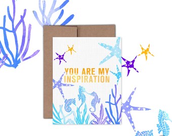 Custom Blank Greeting Card | Sea Horse Sea Star Ocean Life Watercolor | You Are My Inspiration