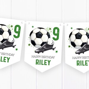May include: White banner with a soccer ball, soccer cleat, and the number 9 in green. The banner reads "HAPPY BIRTHDAY RILEY" in green text. Green star accents are scattered around the soccer ball.