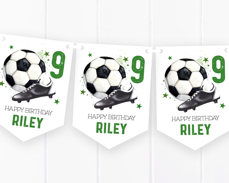 May include: White banner with a soccer ball, soccer cleat, and the number 9 in green. The banner reads "HAPPY BIRTHDAY RILEY" in green text. Green star accents are scattered around the soccer ball.