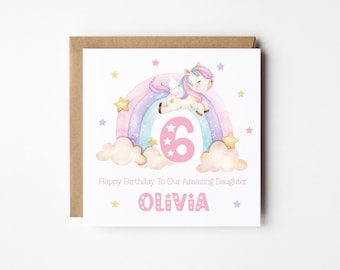 Personalised Unicorn Birthday Card: Rainbow Print for Girls