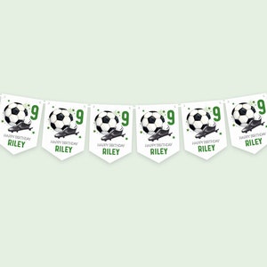 May include: A banner with white pennants, each featuring a soccer ball, cleats, and the number 9. The text "HAPPY BIRTHDAY RILEY" is printed below the soccer ball and cleats. Green accents and stars complete the design.