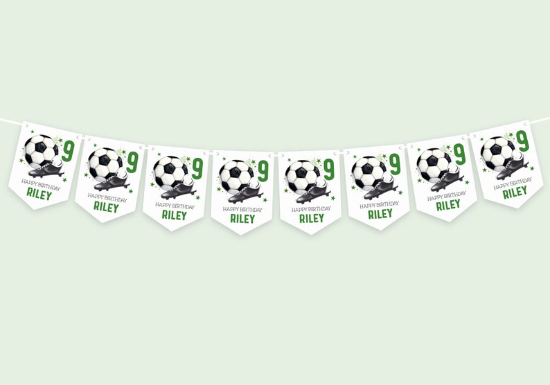May include: A banner with white pennants, each featuring a soccer ball, cleats, and the number 9. The text "HAPPY BIRTHDAY RILEY" is printed below the soccer ball and cleats. Green accents and stars complete the design.