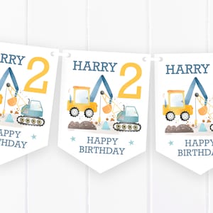 Digger Birthday Banner - Personalised Bunting - Garland Flags - Boys Party Decoration - Yellow Construction Vehicles - Any Age - 1 2 3 4 5 6