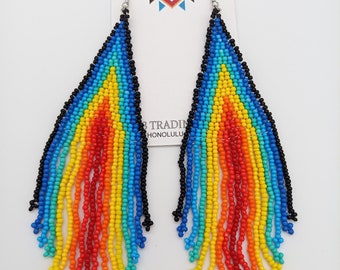 Handmade Seed Bead Earrings: Rainbow Powwow Regalia, Long Dangle