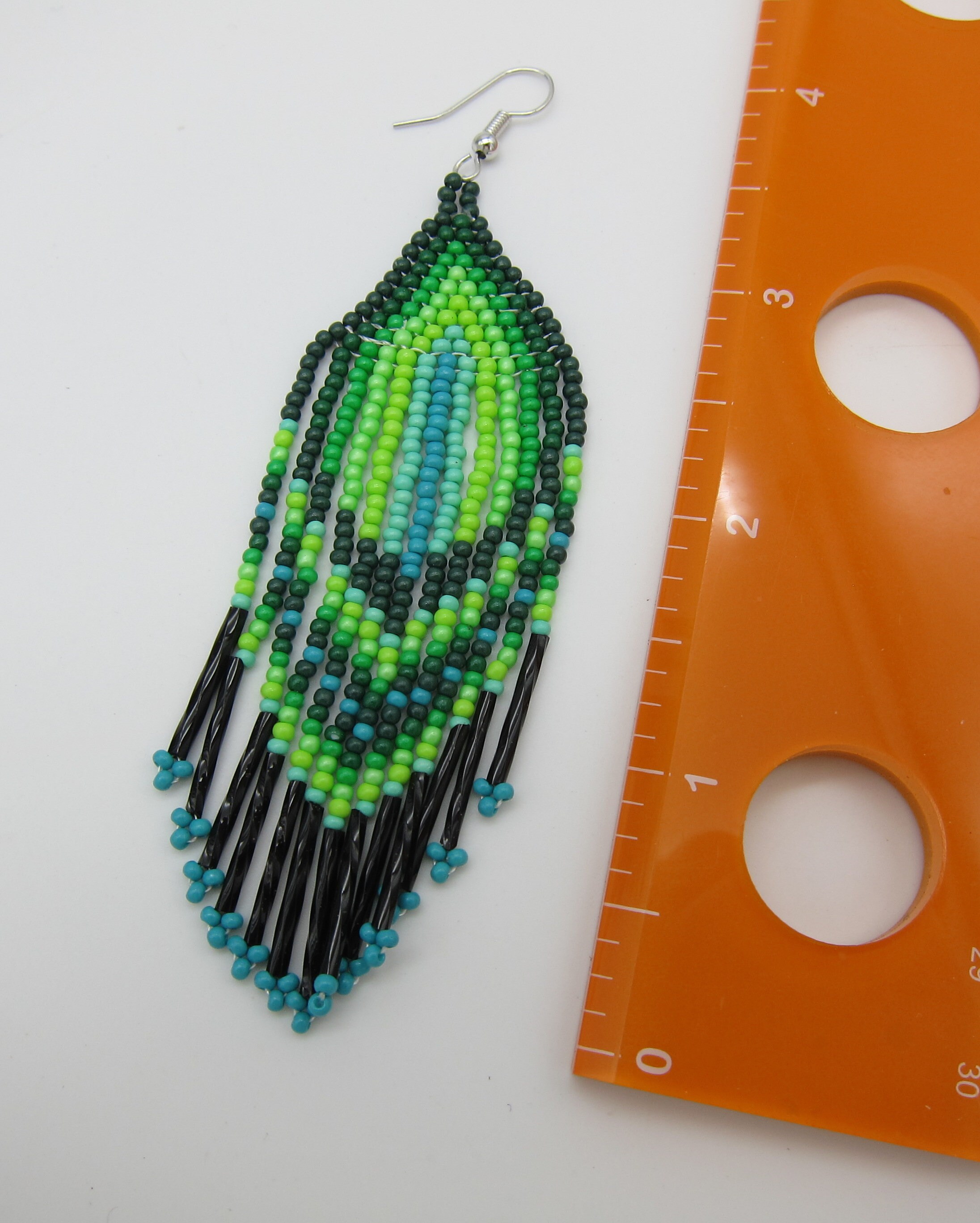 Handcrafted Native Style Green Seed Beaded Earrings - Ethnic Chandelier Design - Brass Hook - E60/14