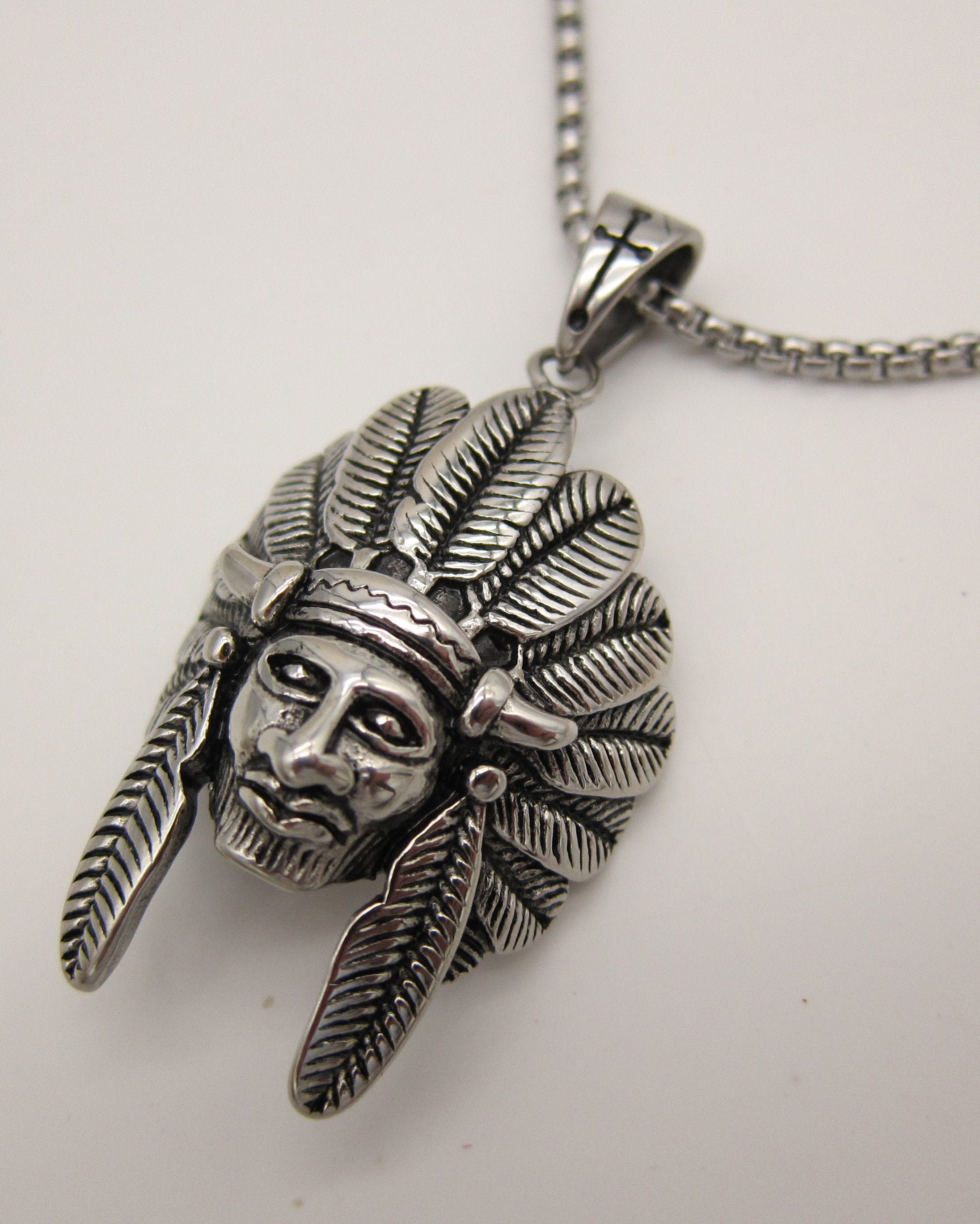 ネックレス・ペンダント Indian BearColal Head Hand Made Stainless Steel Native American Design Headdress Pendant With 24