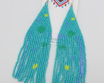 Handmade Turquoise Seed Bead Fringe Earrings, Powwow Style