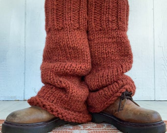 Hand knit wool blend rust orange luxury leg warmers super slouch style