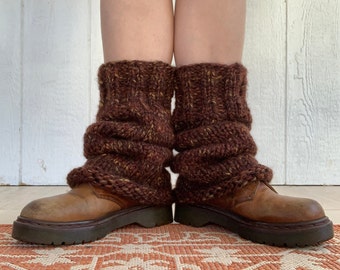 Hand knit wool blend woodsy brown luxury leg warmers mini slouch style