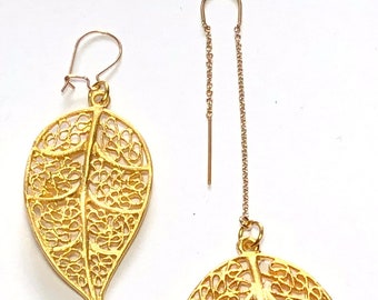 Asymmetrical Filigree Leaf Earrings