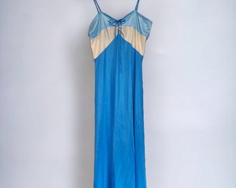 Vtg long blue silky sexy nightgown lingerie spaghetti straps color /block solid bow