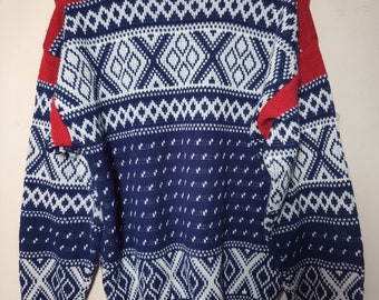 Vtg fair aisle ski sweater navy red white geometric pattern lightweight stretch comfortable