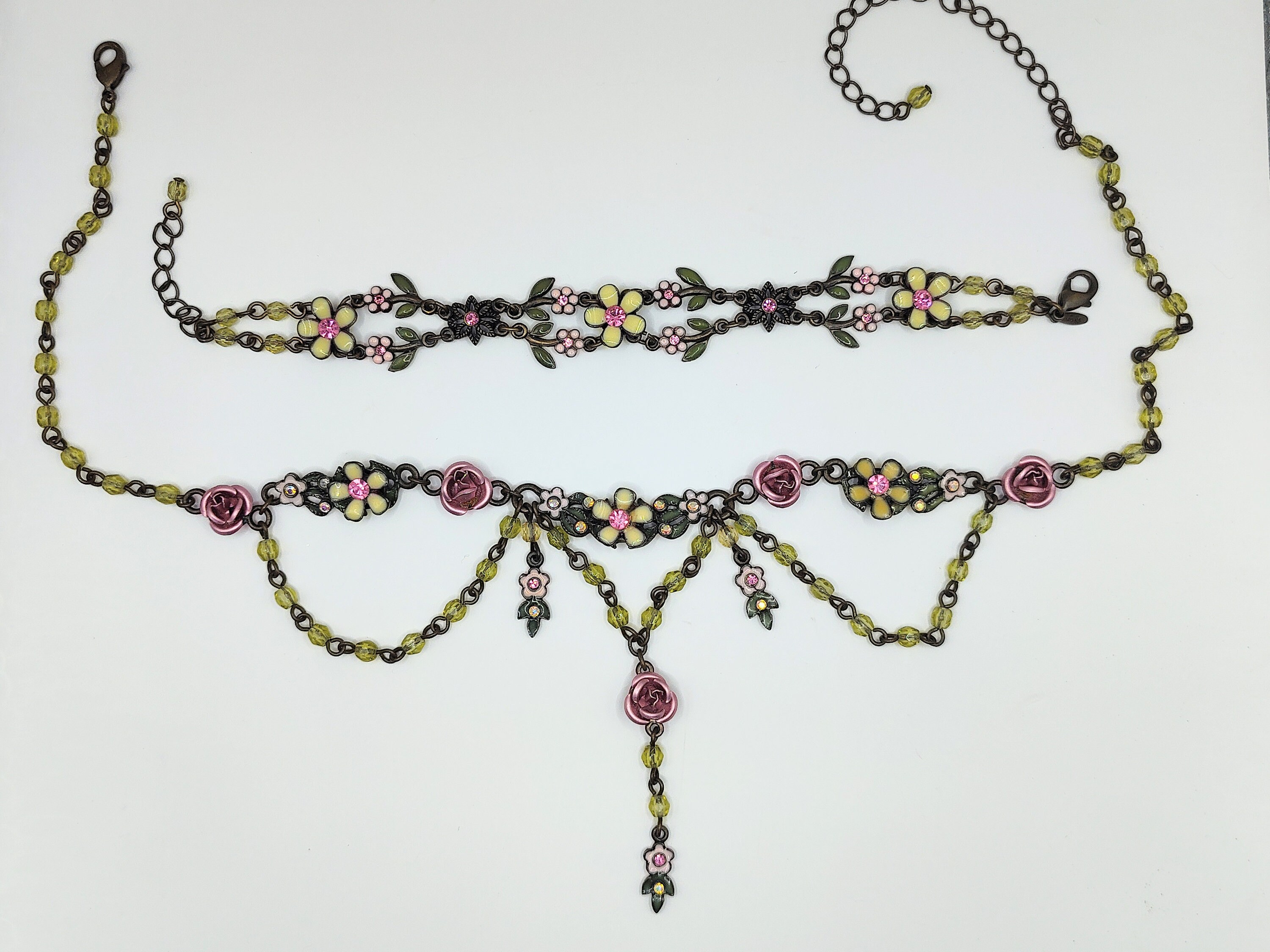 90s y2k green pink swag beaded dangle necklace bracelet set floral cloisonne enamel flowers antique gold
