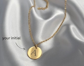 Personalized Initial Name Necklace | Gold Minimalistic Dainty Customized Stamped Letter Circle Coin Disc Monogram | Gifts for Her | Birthday