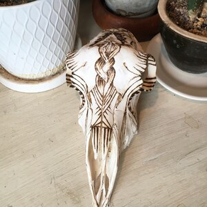 May include: A white animal skull with a detailed, intricate design burned into the surface. The design features a braided pattern and geometric shapes.