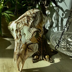 May include: A white animal skull with intricate etched designs hangs from a gold chain. The skull is decorated with a geometric pattern and is suspended from a crystal chandelier.