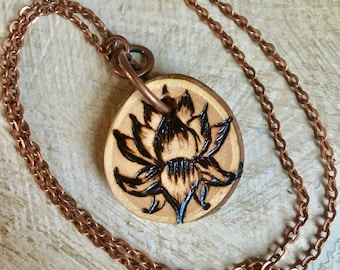 Lotus Pendant - Wood Burnt Art - Pyrography Jewelry - unique wearable fine art jewelry